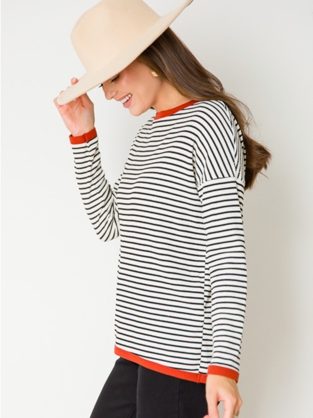 New Pink Clover Black & White Striped Sweater with Red Trim Size Medium Women’s